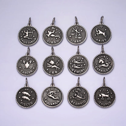 Stainless Steel Zodiac Astrological Sign Birth Star Constellation Dotted Round Silver Charm | A-A1229-A-A1234