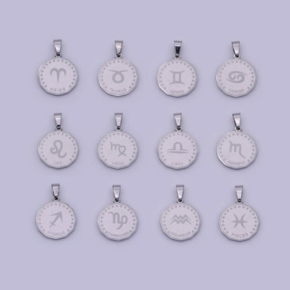 Stainless Steel Zodiac Horoscope Sign Silver Medallion Pendant | A-A1857-A-A1862