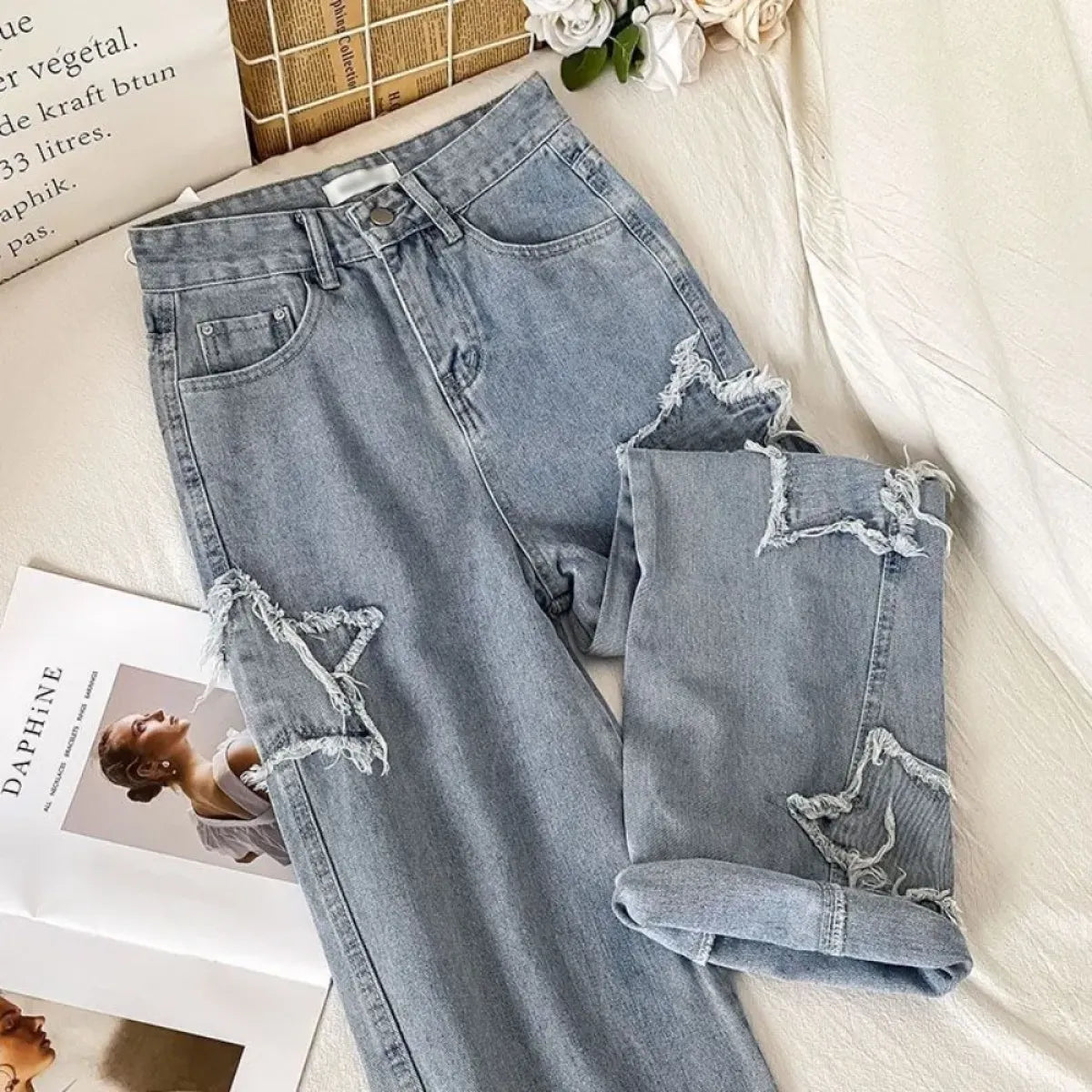 Star Patch Ripped High Waist Straight Leg Jeans – Women&