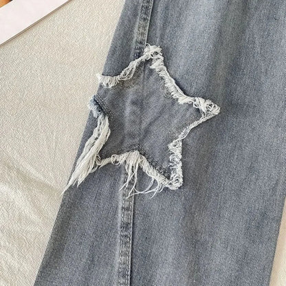 Star Patch Ripped High Waist Straight Leg Jeans – Women&