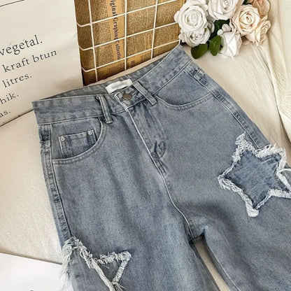 Star Patch Ripped High Waist Straight Leg Jeans – Women&