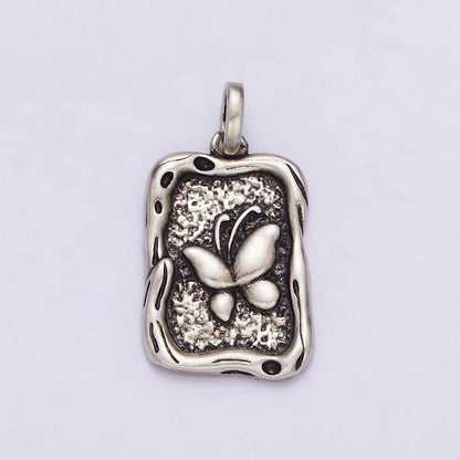 Sterling Silver S925 Butterfly Textured Hammered Rectangular Stamped Pendant | SL-330