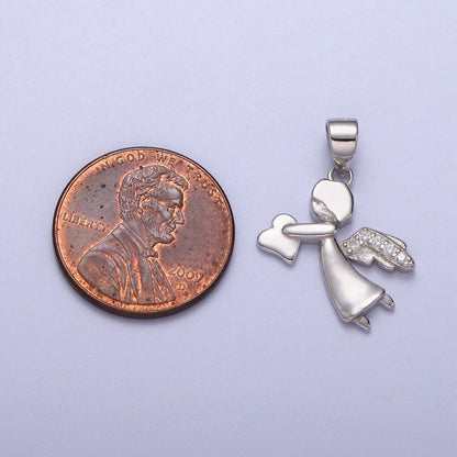 Sterling Silver S925 Heart-Giving Guardian Angel Micro Paved CZ Wings Pendant | SL-401