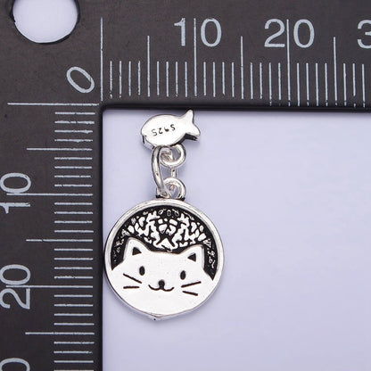 Sterling Silver S925 Pet Kitty Cat Round Textured Mini Fish Drop Double Charm | SL-268