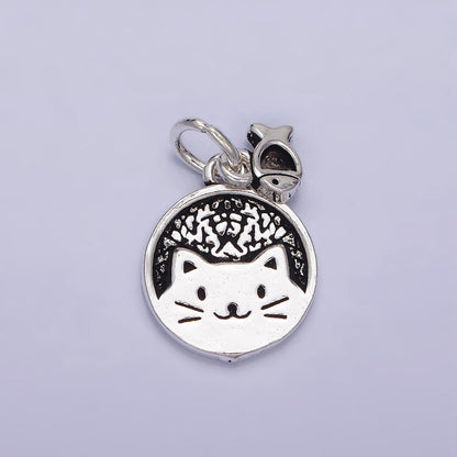 Sterling Silver S925 Pet Kitty Cat Round Textured Mini Fish Drop Double Charm | SL-268