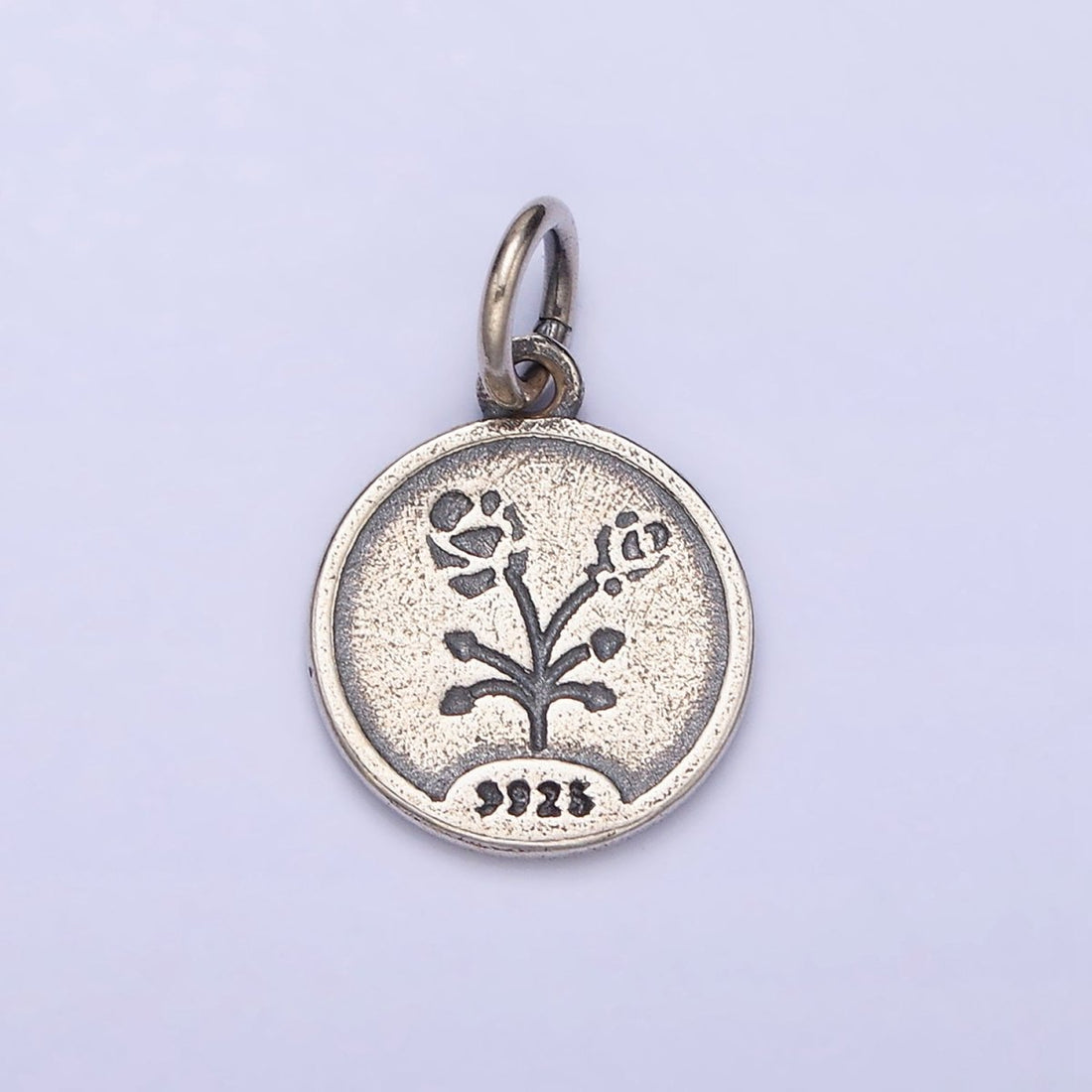 Sterling Silver S925 Rose Flower Rhombus Heart Petal Double Sided Round Medallion Charm | SL-285