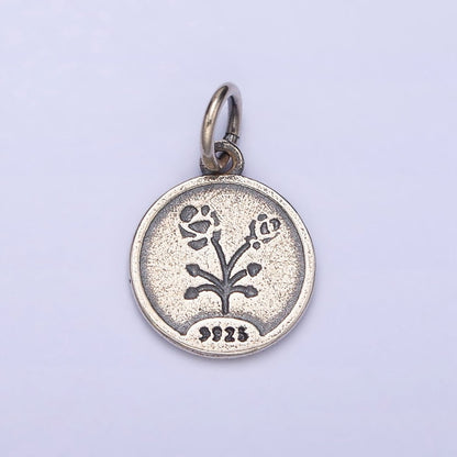 Sterling Silver S925 Rose Flower Rhombus Heart Petal Double Sided Round Medallion Charm | SL-285