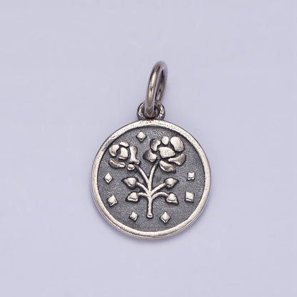 Sterling Silver S925 Rose Flower Rhombus Heart Petal Double Sided Round Medallion Charm | SL-285