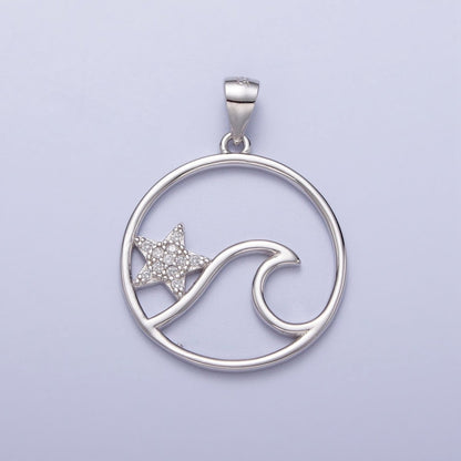 Sterling Silver Star Fish Ocean Wave Charm Micro Pave CZ Under The Sea Water Beach Pendant SL-404
