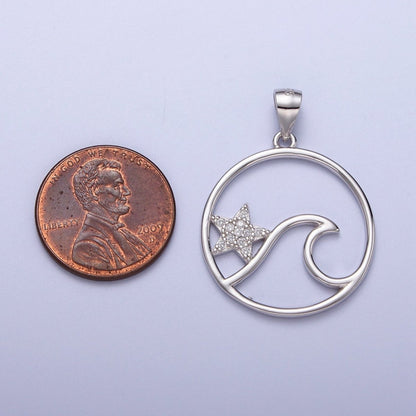 Sterling Silver Star Fish Ocean Wave Charm Micro Pave CZ Under The Sea Water Beach Pendant SL-404