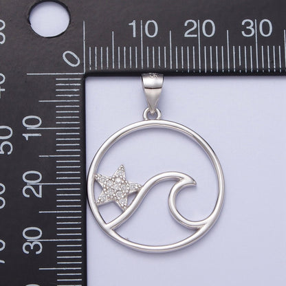 Sterling Silver Star Fish Ocean Wave Charm Micro Pave CZ Under The Sea Water Beach Pendant SL-404