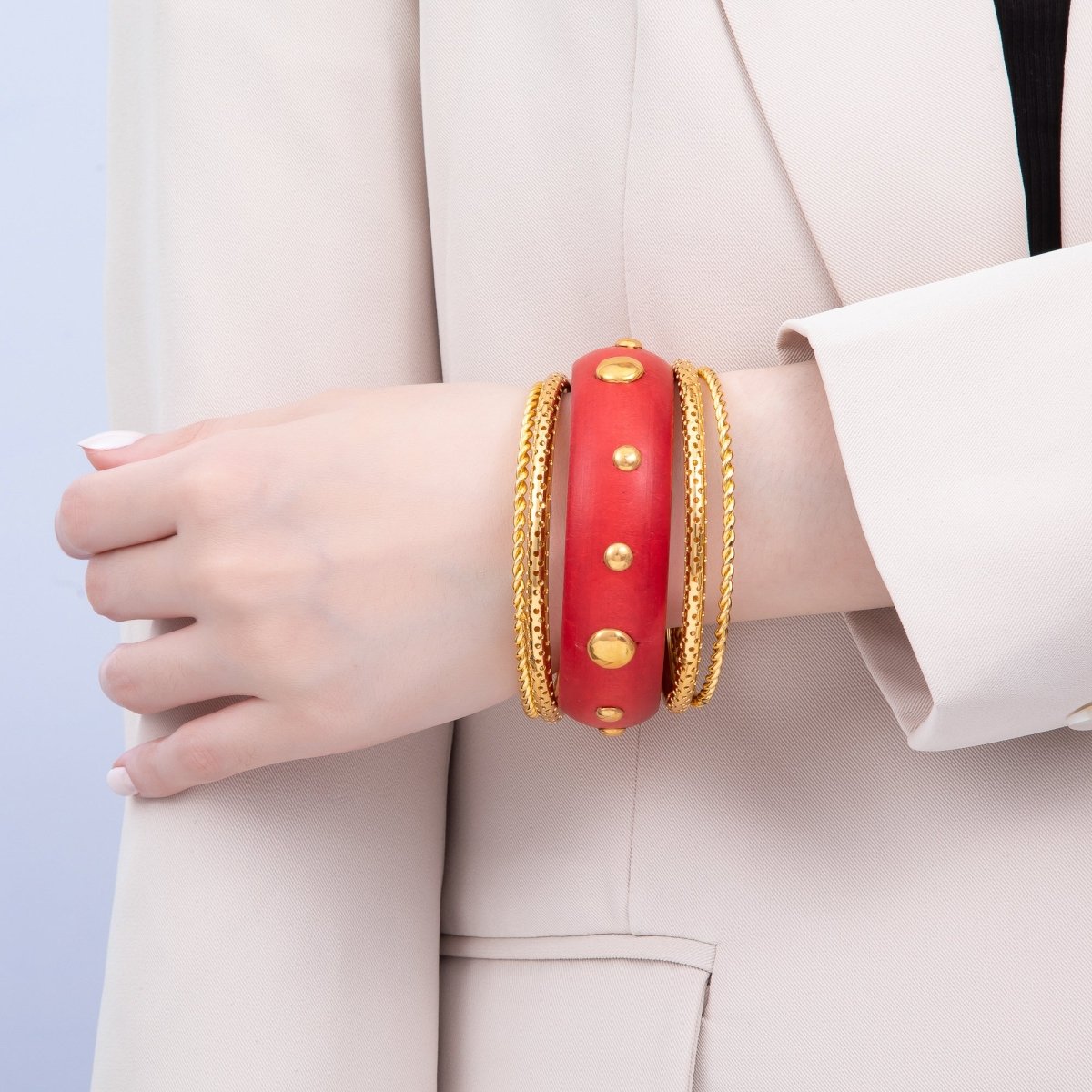 Studded Wood Bangle Statement Bracelet | WA-04308, WA-04308 ~ WA-04309