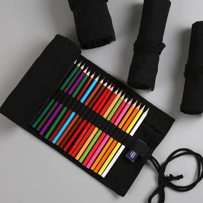 Students Roll Design Black Color Pencil Retro Canvas Wrap Up Pencil Case High Quality Stationary Pouch
