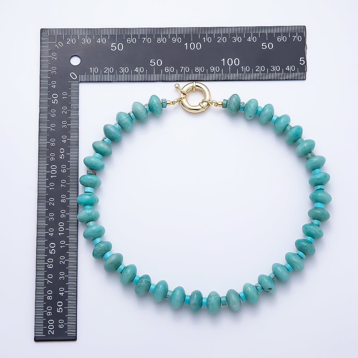 SUMMER 16K Gold Filled 14mm Blue Turquoise Amazonite Rondelle Gemstone 18 Inch Chain Necklace | WA-00247