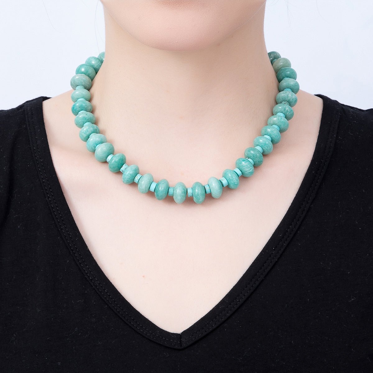 SUMMER 16K Gold Filled 14mm Blue Turquoise Amazonite Rondelle Gemstone 18 Inch Chain Necklace | WA-00247