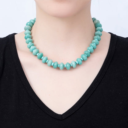 SUMMER 16K Gold Filled 14mm Blue Turquoise Amazonite Rondelle Gemstone 18 Inch Chain Necklace | WA-00247