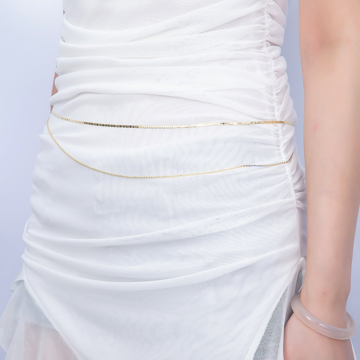 SUMMER 16K Gold Filled 2mm Dainty Double Mariner Cable Belly Waist Chain | WA-04754