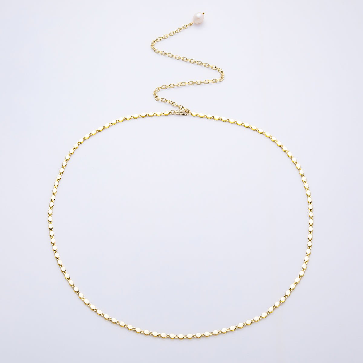 SUMMER 16K Gold Filled 4mm Flat Round Cable Chain w. Baroque Freshwater Pearl Drop Belly Waist Chain | WA-04715