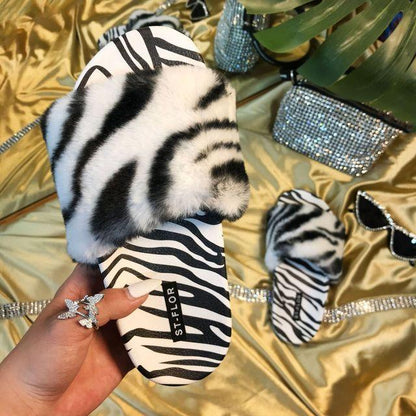 Summer Black White Leopard Print Fur Slippers For Women&