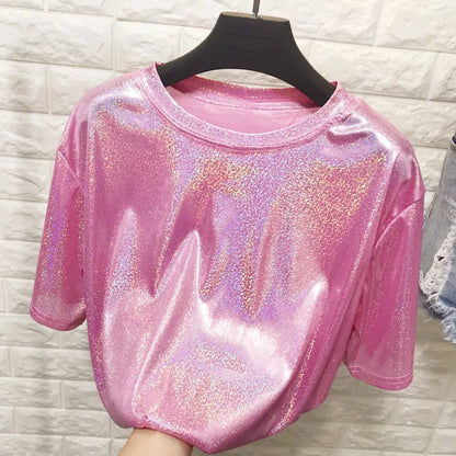Summer Retro Bright Silk Loose Short Sleeve Top