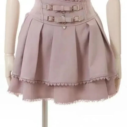 Harajuku Sweet Pink Bow Skirt – Ruched Slim Waist Faux Leather