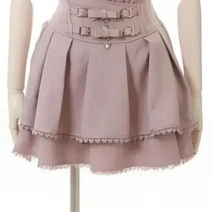 Harajuku Sweet Pink Bow Skirt – Ruched Slim Waist Faux Leather