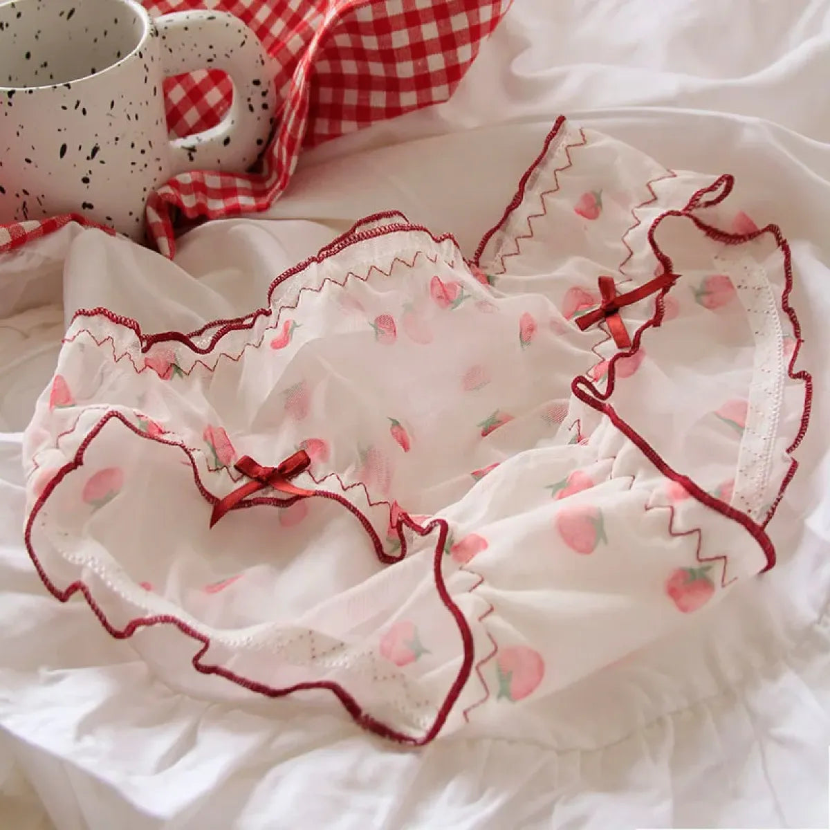 Sweet Strawberry Sheer Mesh Panties – Ruffle Lace Mid-Waist Briefs