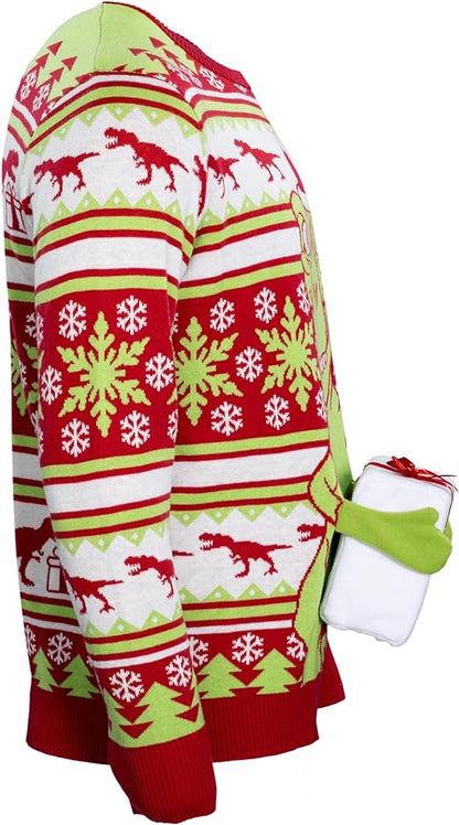 T-Rex Santa Hat 3D Interactive Gift Box Sweater