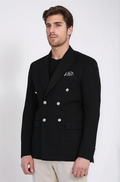 Black Solid Slim Fit Double-Breasted Blazer with Silver Metal Buttons – Wessi