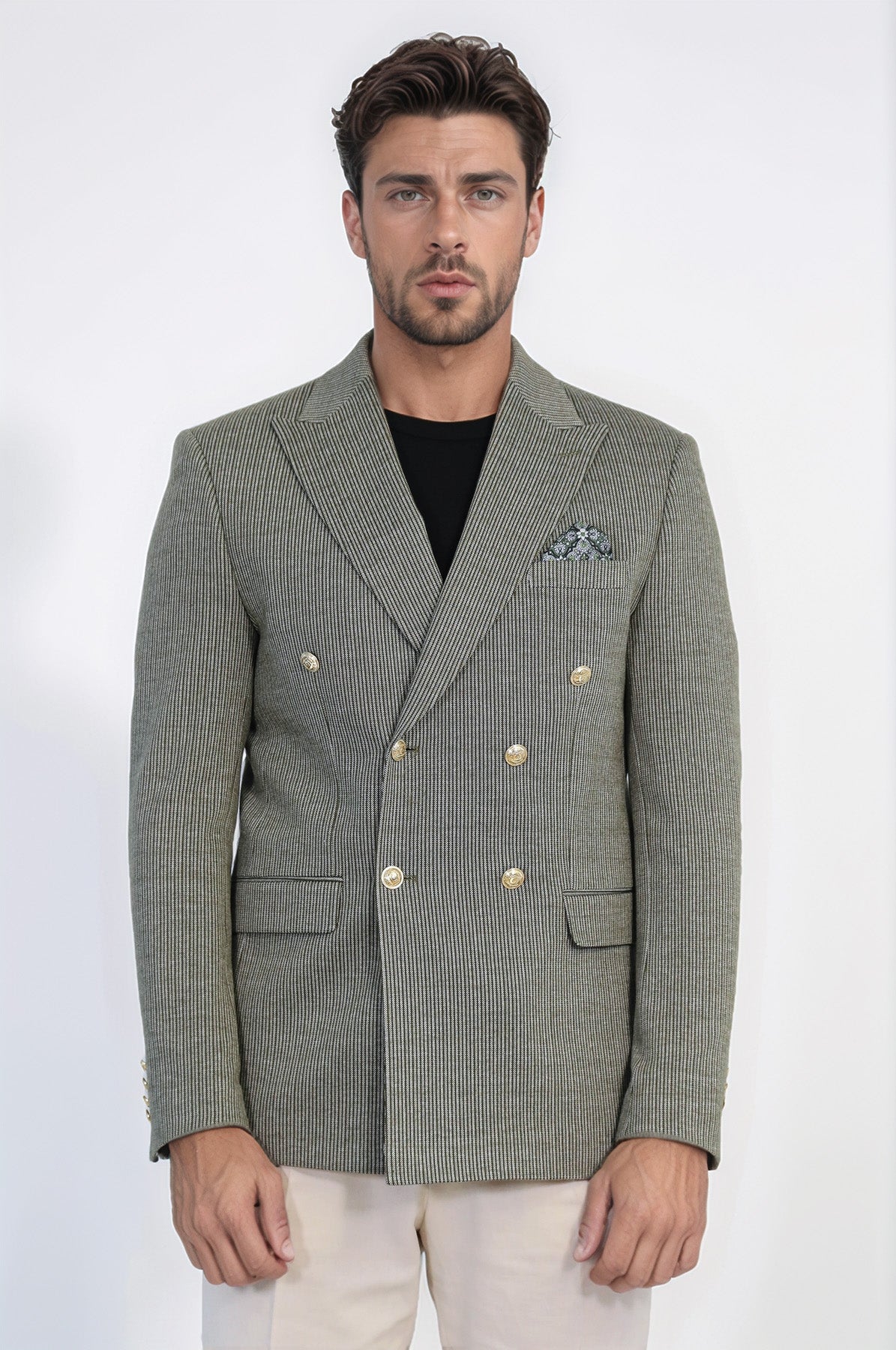 Olive Green Pinstriped Slim Fit Double-Breasted Blazer with Gold Metal Buttons – Wessi