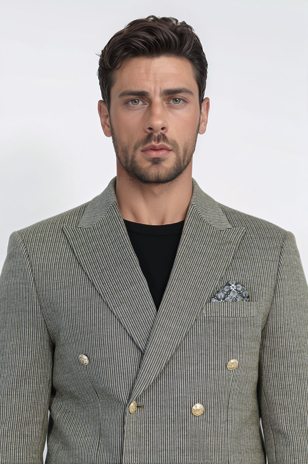 Olive Green Pinstriped Slim Fit Double-Breasted Blazer with Gold Metal Buttons – Wessi