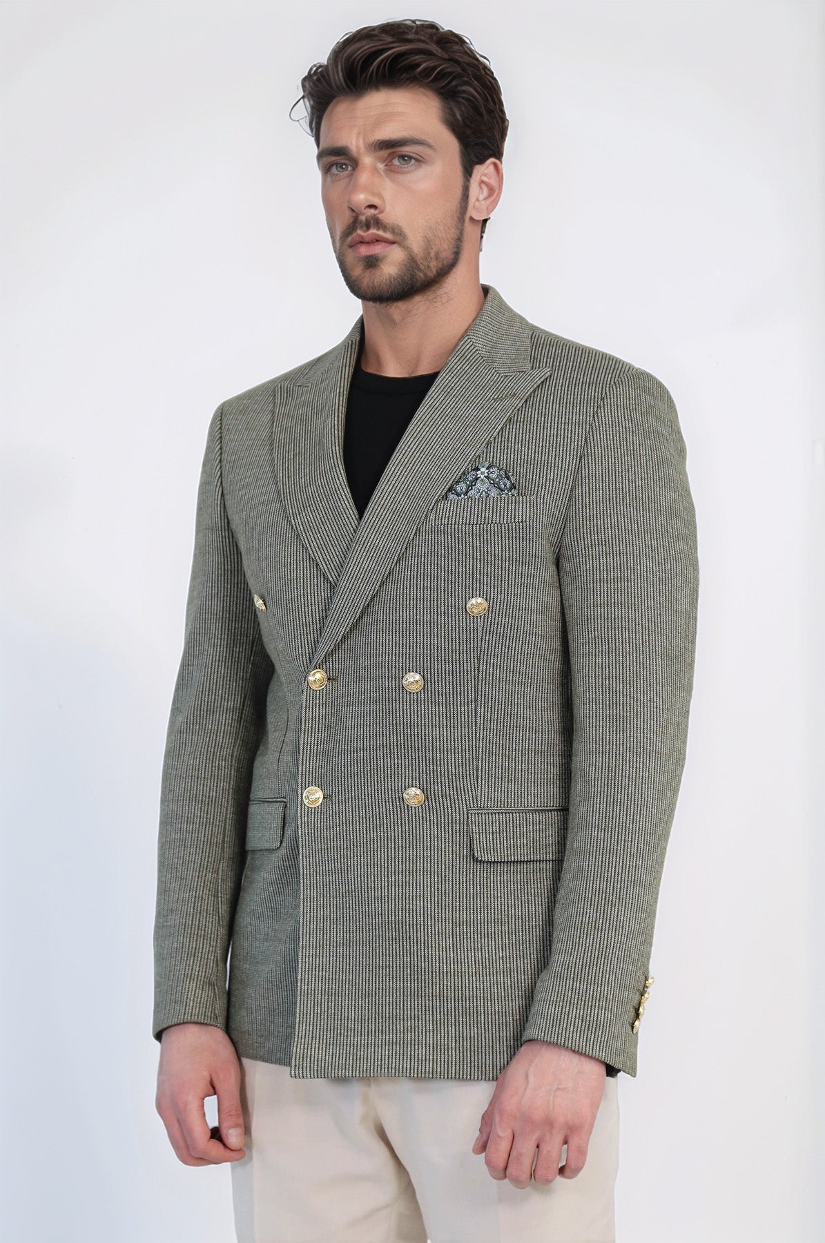Olive Green Pinstriped Slim Fit Double-Breasted Blazer with Gold Metal Buttons – Wessi
