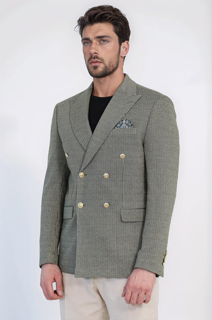 Olive Green Pinstriped Slim Fit Double-Breasted Blazer with Gold Metal Buttons – Wessi