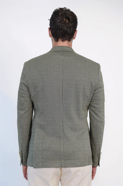 Olive Green Pinstriped Slim Fit Double-Breasted Blazer with Gold Metal Buttons – Wessi