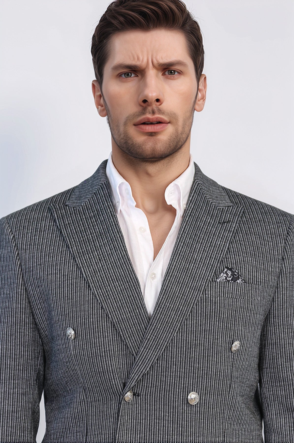 Black Pinstriped Slim Fit Double-Breasted Blazer with Silver Metal Buttons – Wessi