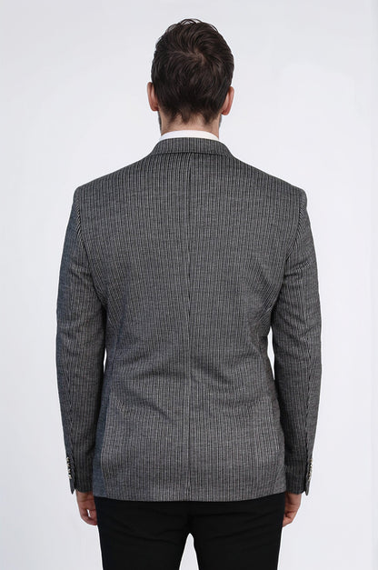 Black Pinstriped Slim Fit Double-Breasted Blazer with Silver Metal Buttons – Wessi