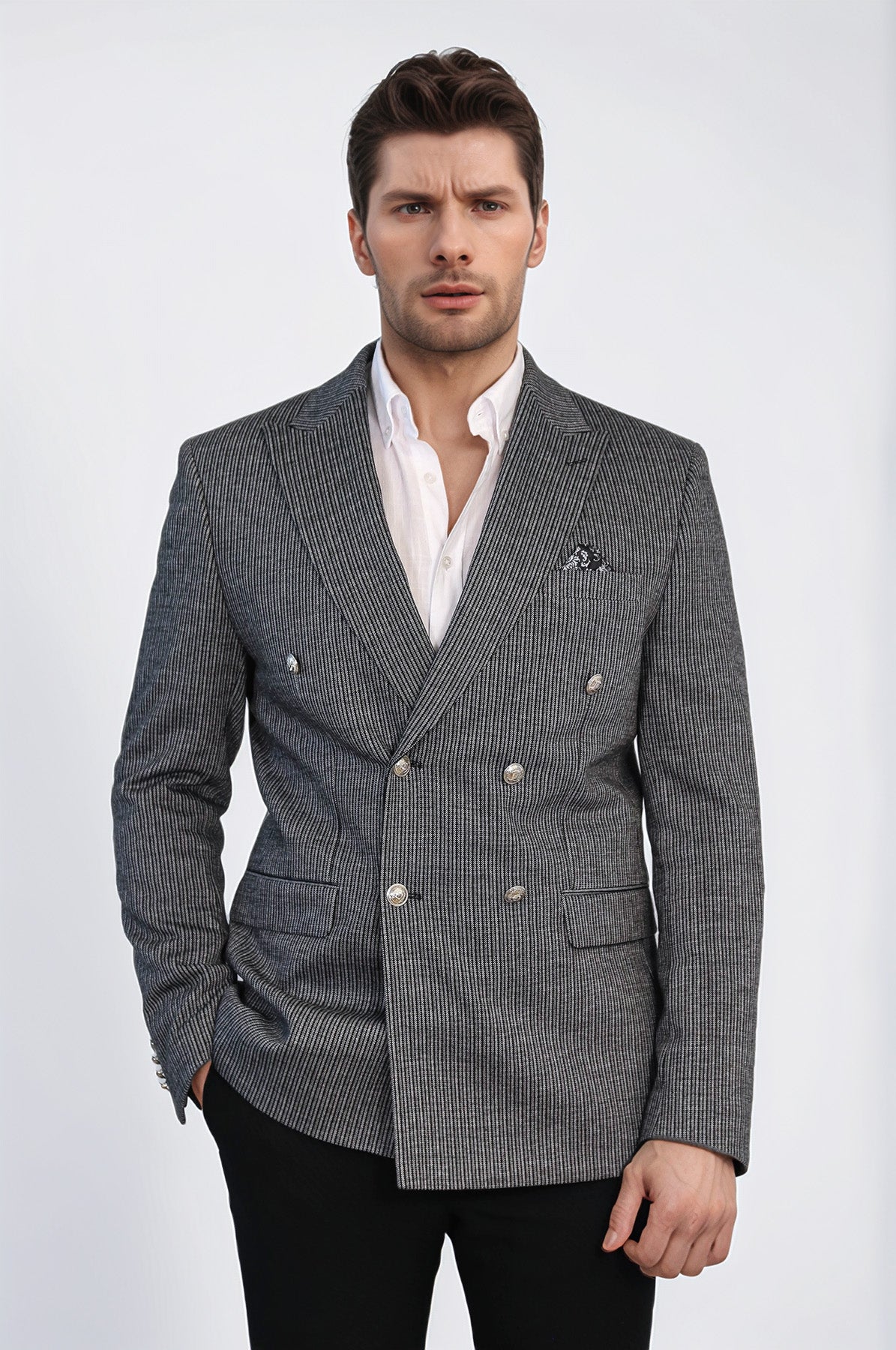 Black Pinstriped Slim Fit Double-Breasted Blazer with Silver Metal Buttons – Wessi