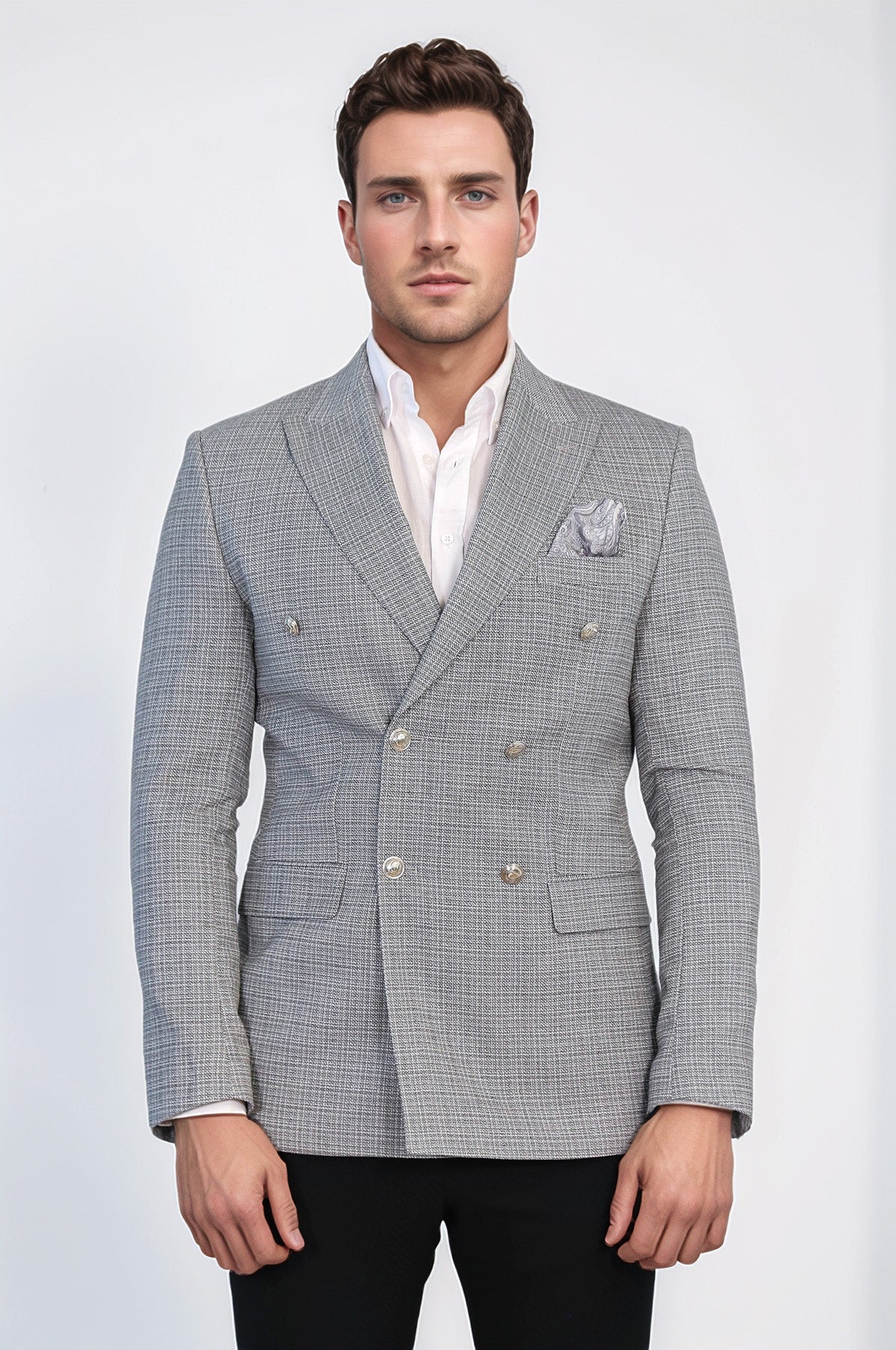 Black Micro-Check Slim Fit Double-Breasted Blazer with Silver Metal Buttons – Wessi