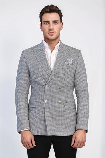 Black Micro-Check Slim Fit Double-Breasted Blazer with Silver Metal Buttons – Wessi