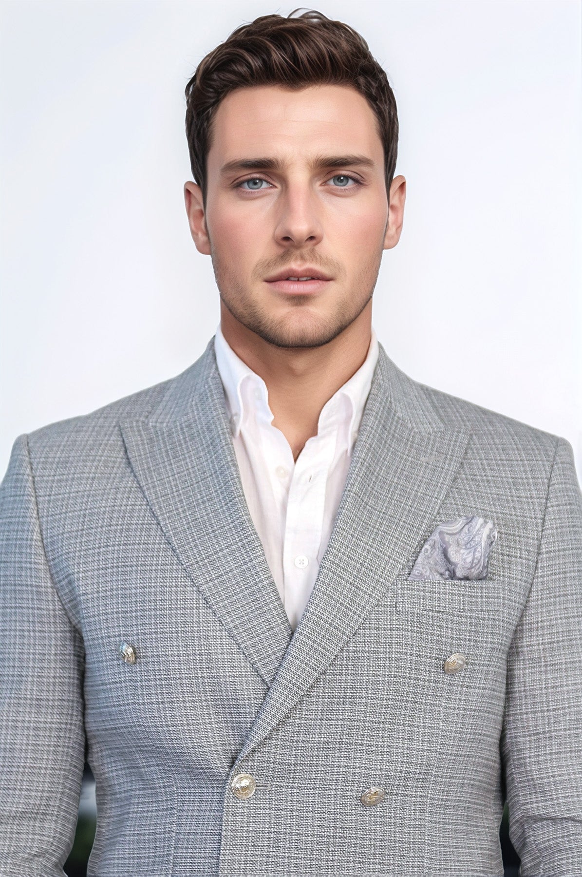 Black Micro-Check Slim Fit Double-Breasted Blazer with Silver Metal Buttons – Wessi