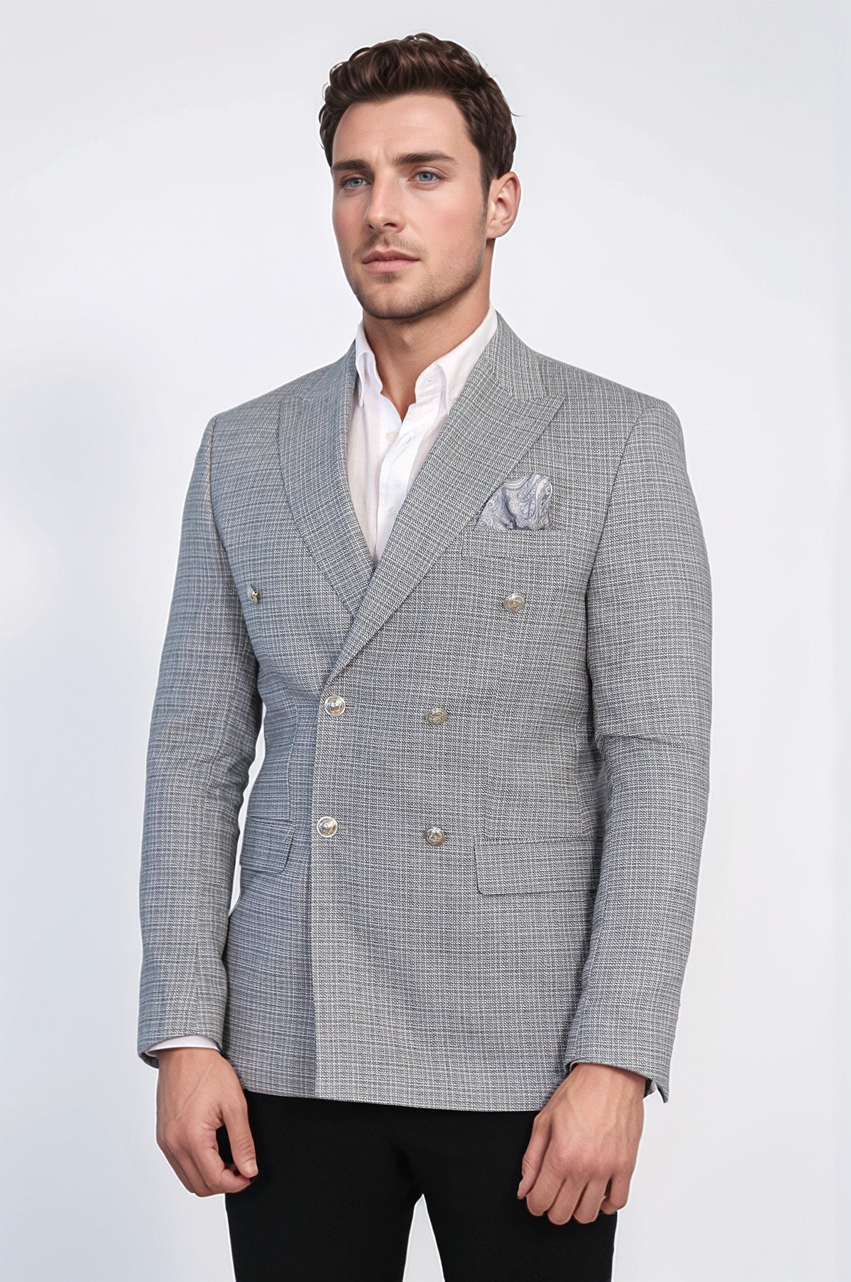 Black Micro-Check Slim Fit Double-Breasted Blazer with Silver Metal Buttons – Wessi