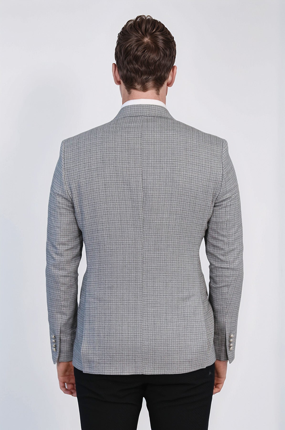 Black Micro-Check Slim Fit Double-Breasted Blazer with Silver Metal Buttons – Wessi