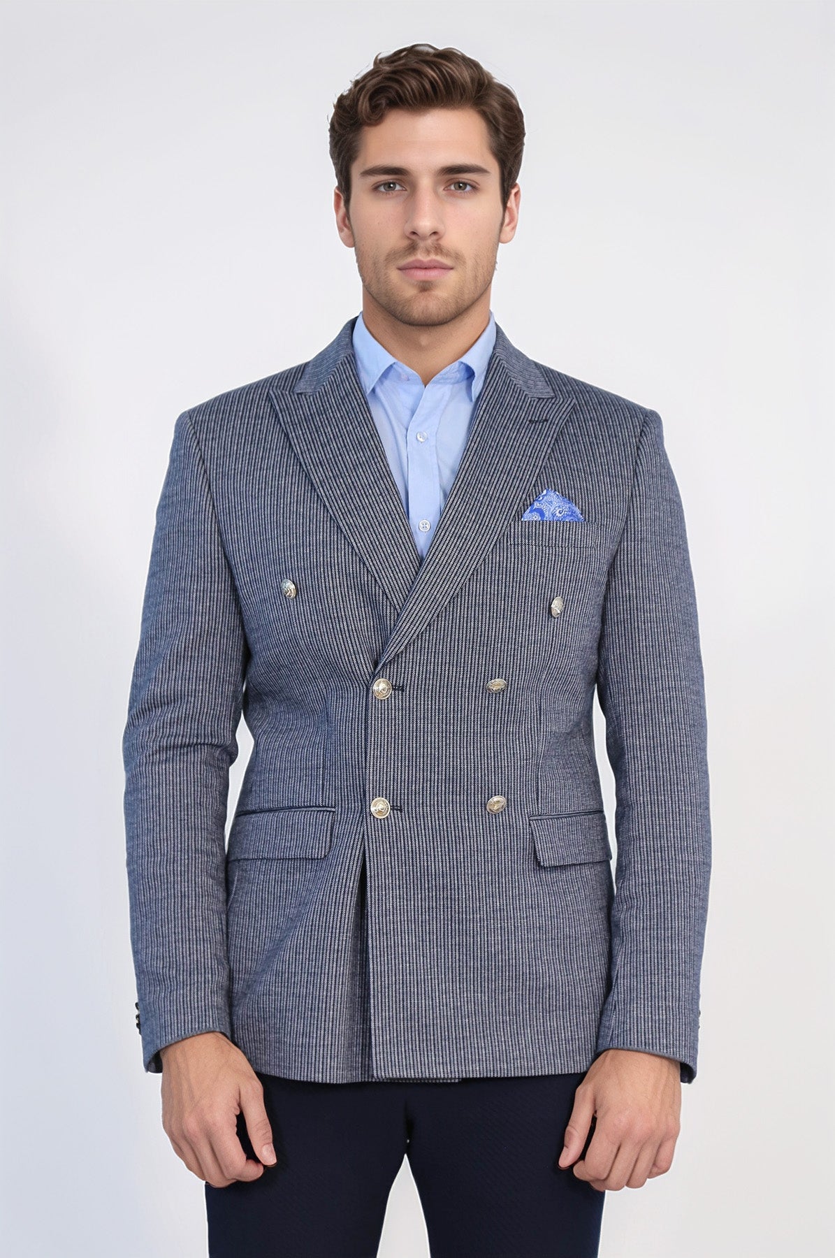 Navy Pinstriped Slim Fit Double-Breasted Blazer with Silver Metal Buttons – Wessi