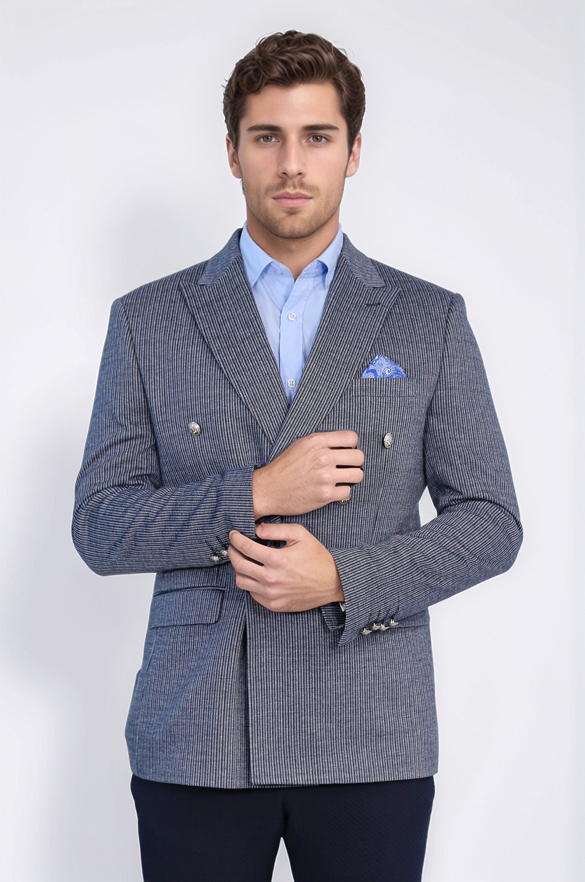 Navy Pinstriped Slim Fit Double-Breasted Blazer with Silver Metal Buttons – Wessi