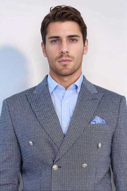 Navy Pinstriped Slim Fit Double-Breasted Blazer with Silver Metal Buttons – Wessi
