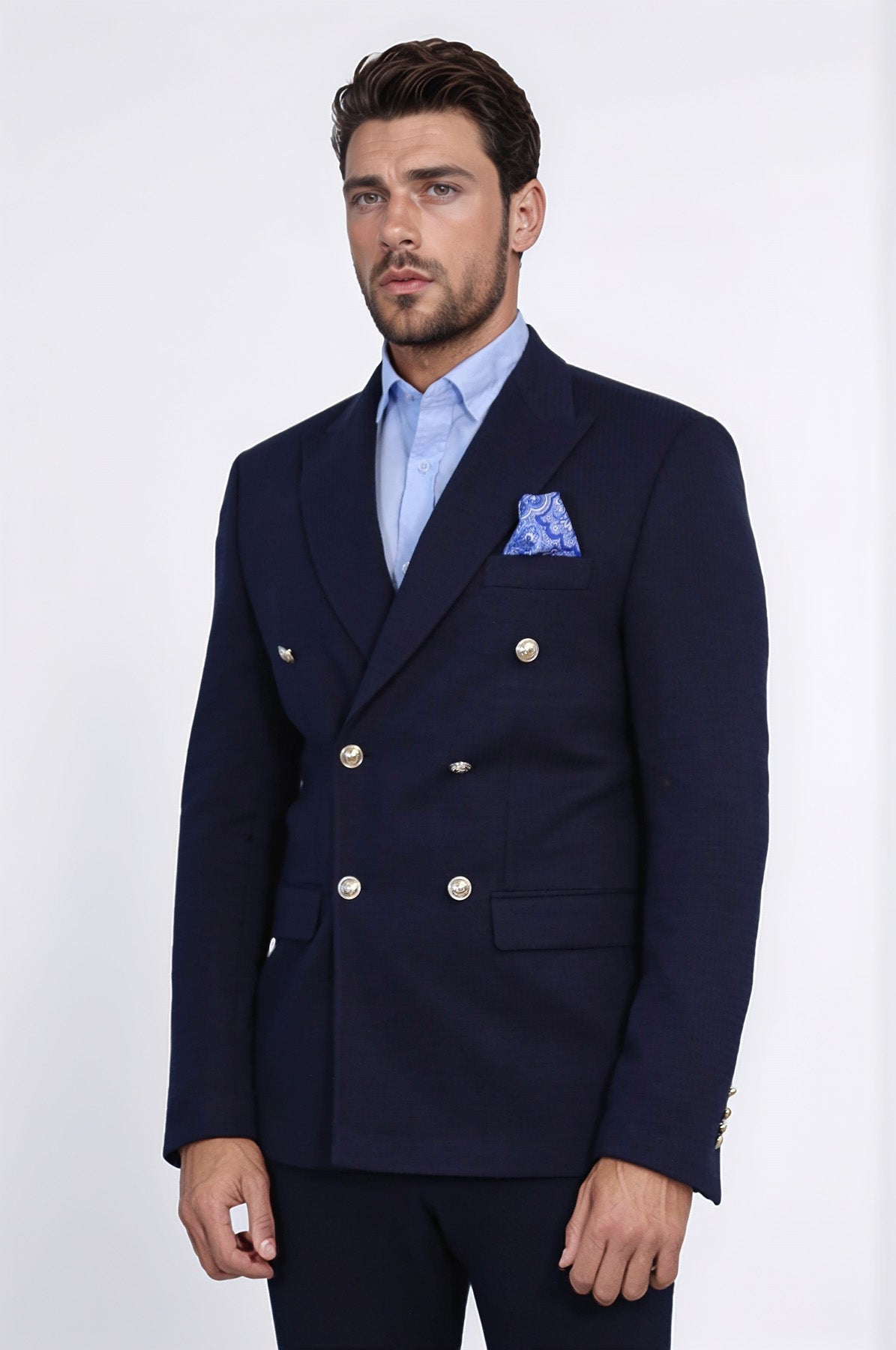Navy Blue Solid Slim Fit Double-Breasted Blazer with Silver Metal Buttons – Wessi