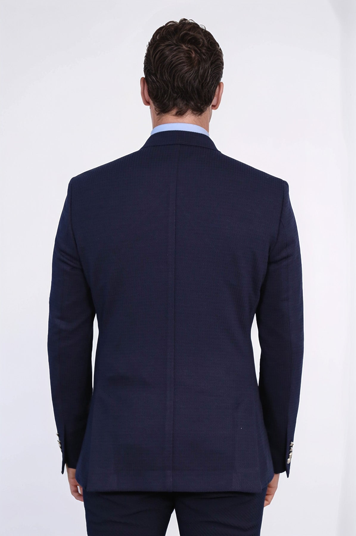 Navy Blue Solid Slim Fit Double-Breasted Blazer with Silver Metal Buttons – Wessi