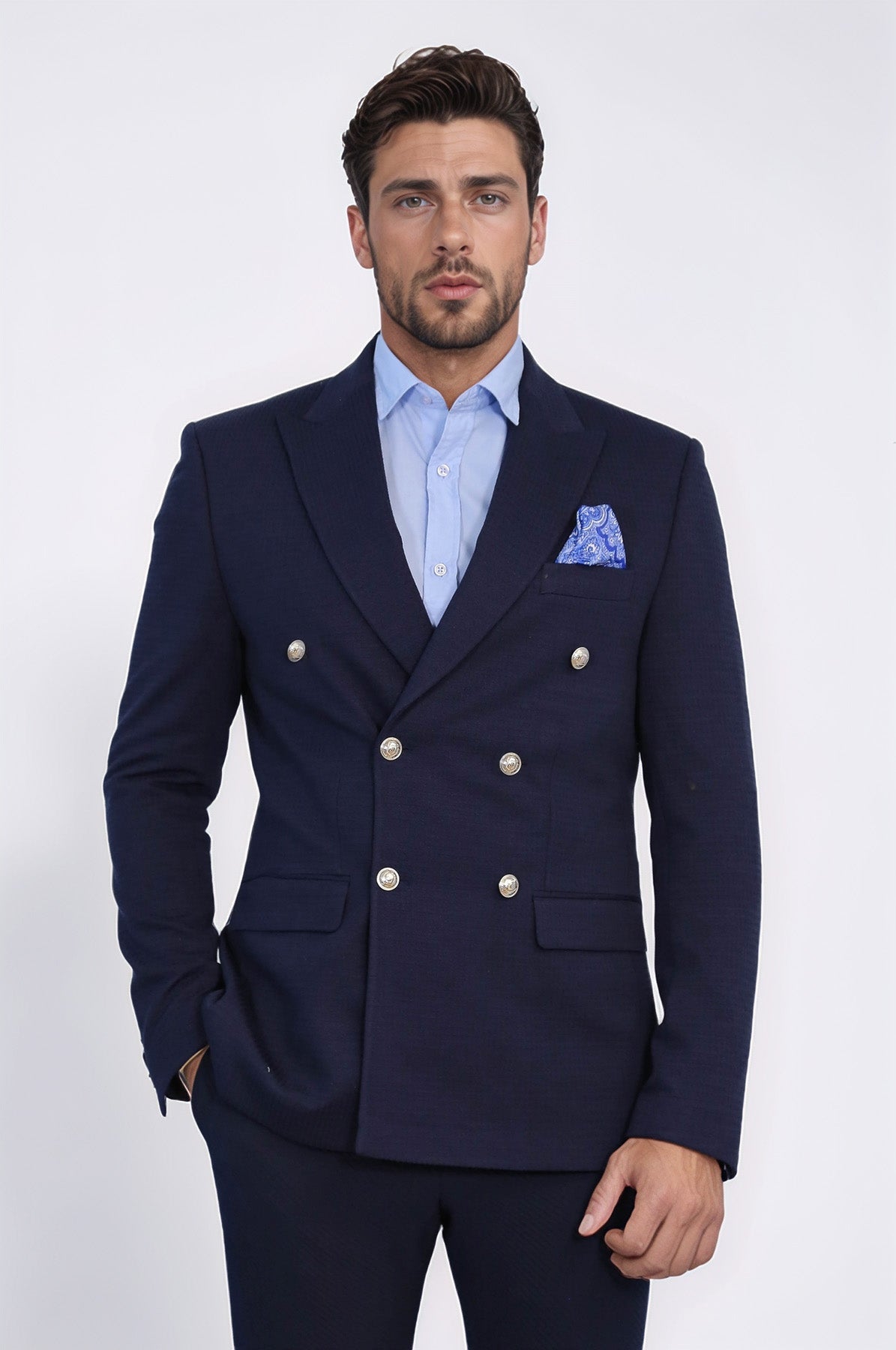 Navy Blue Solid Slim Fit Double-Breasted Blazer with Silver Metal Buttons – Wessi