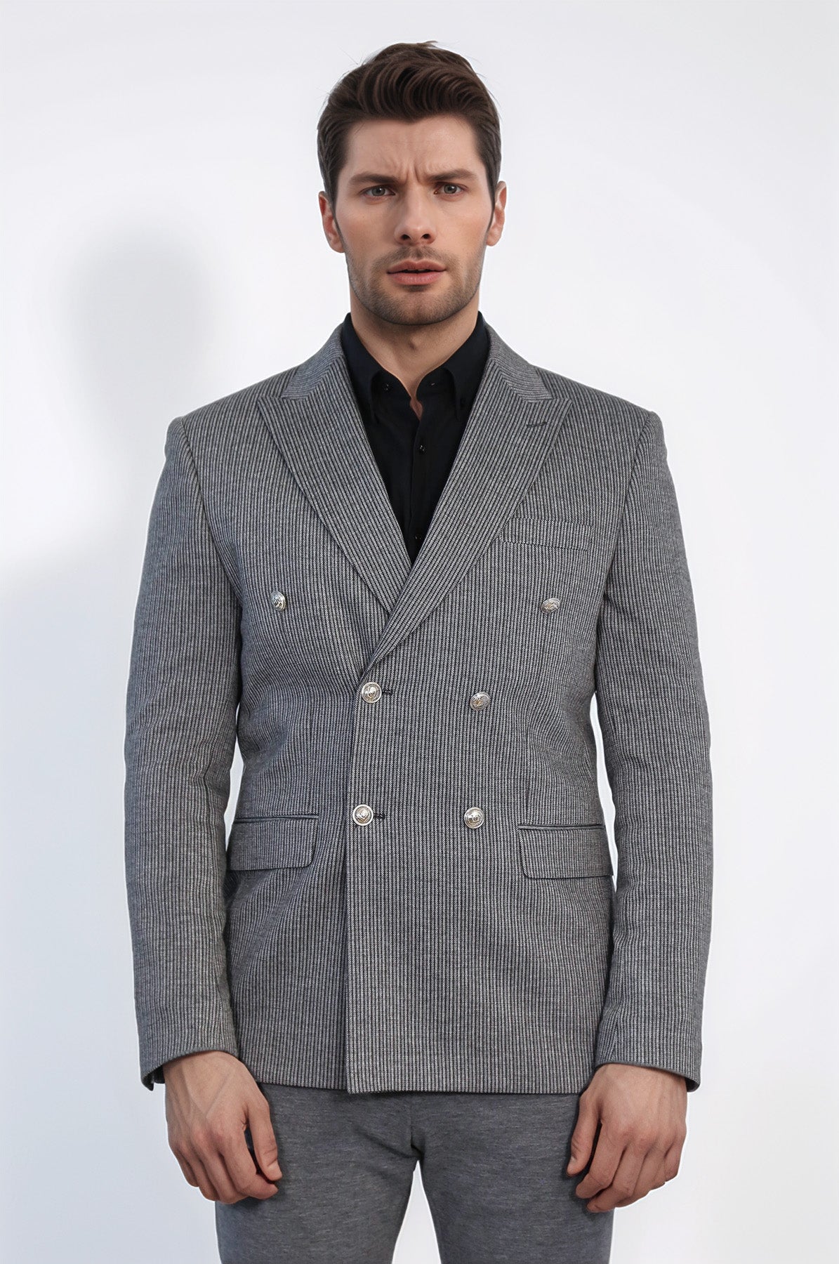 Anthracite Pinstriped Slim Fit Double-Breasted Blazer with Silver Metal Buttons – Wessi