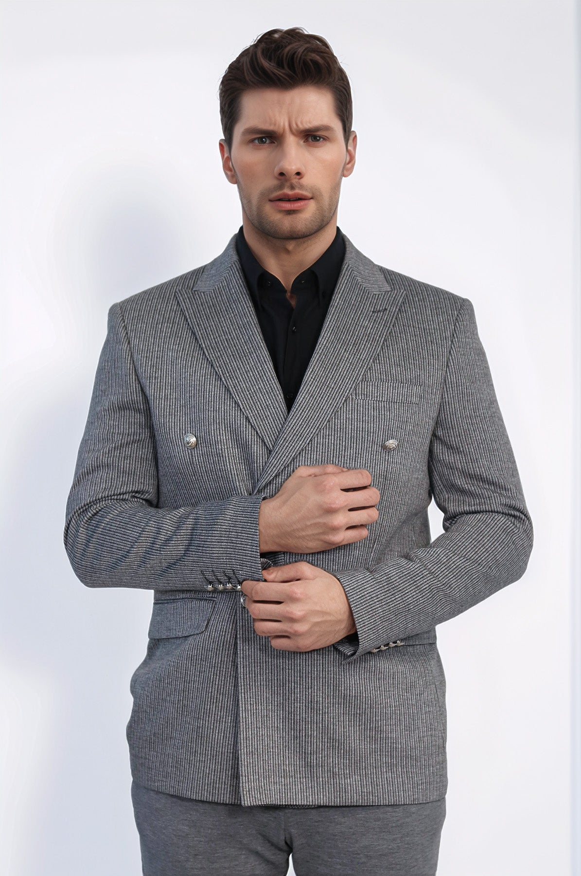 Anthracite Pinstriped Slim Fit Double-Breasted Blazer with Silver Metal Buttons – Wessi